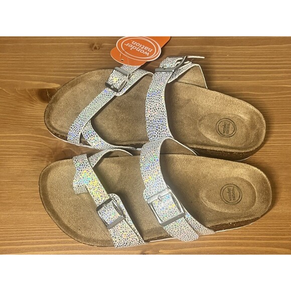 Wonder Nation Girls Silver Iridescent Footbed Thong Sandal 6 - Picture 6 of 12